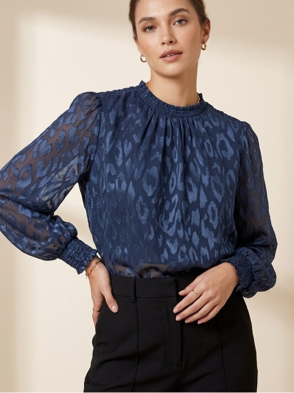 ECLAIR Navy Blue Leopard Jacquard Sheer Long Sleeve Blouse Size Small